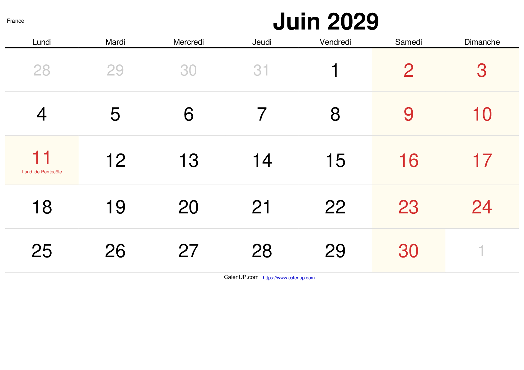 Calendrier Juin 2029