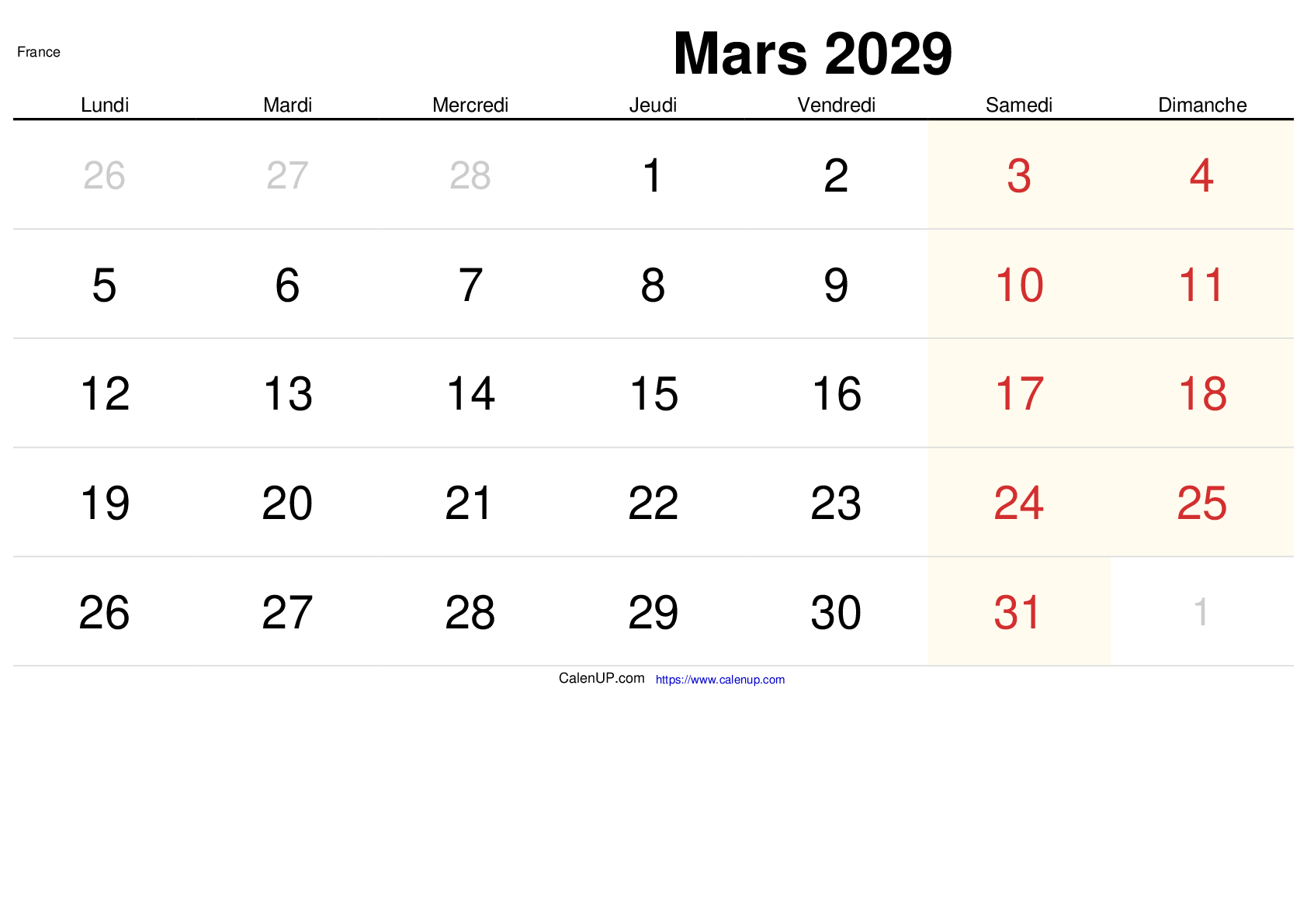 Calendrier Mars 2029