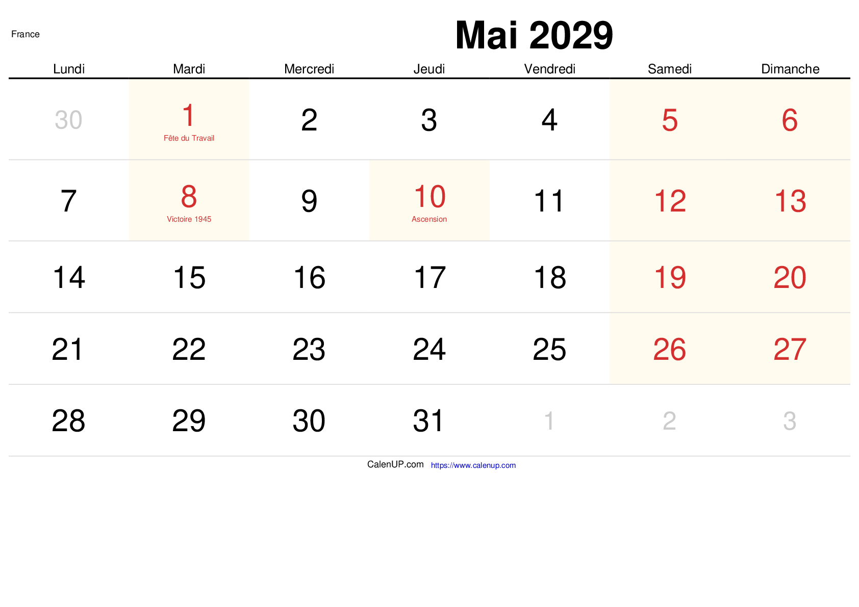 Calendrier Mai 2029