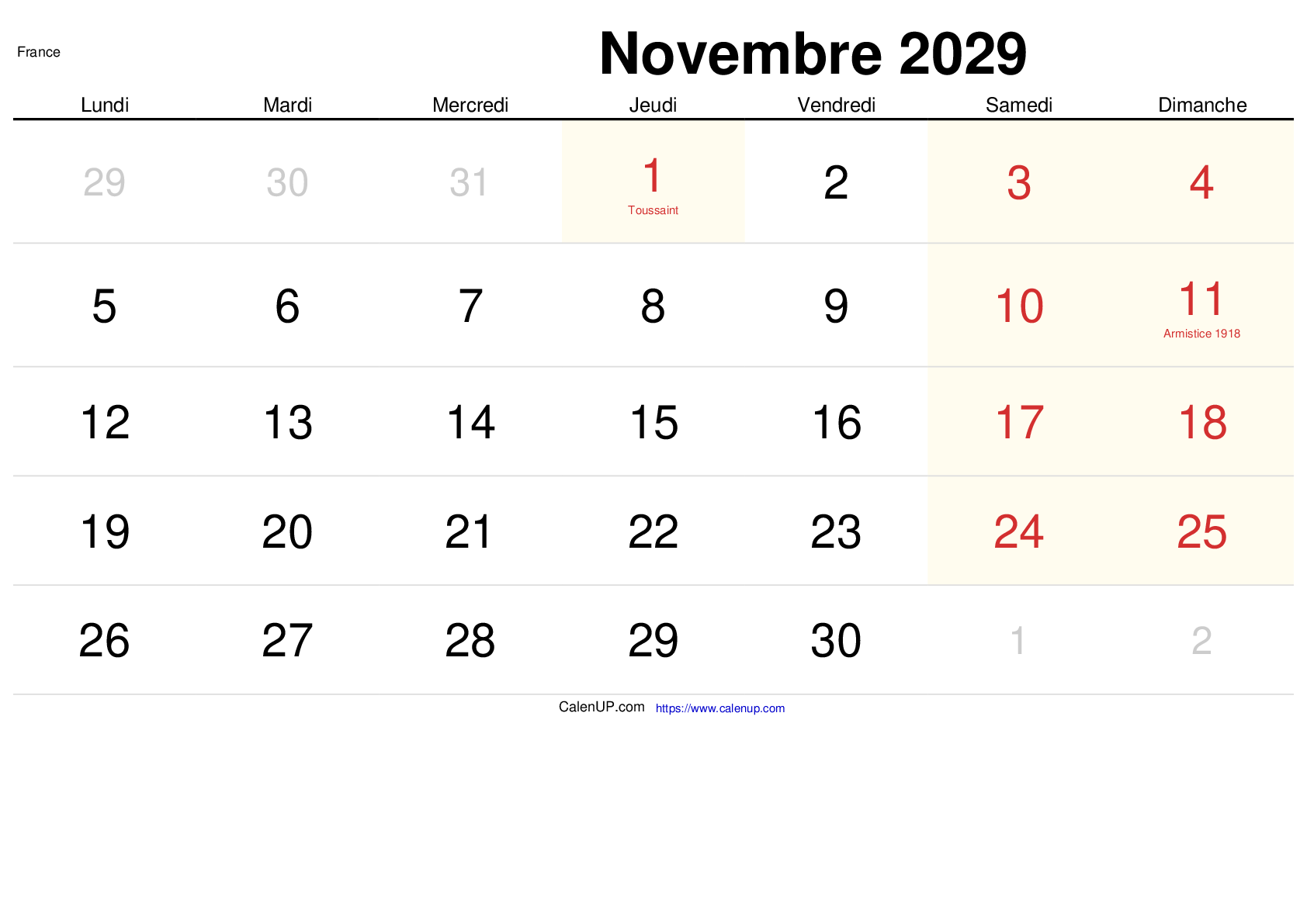 Calendrier Novembre 2029