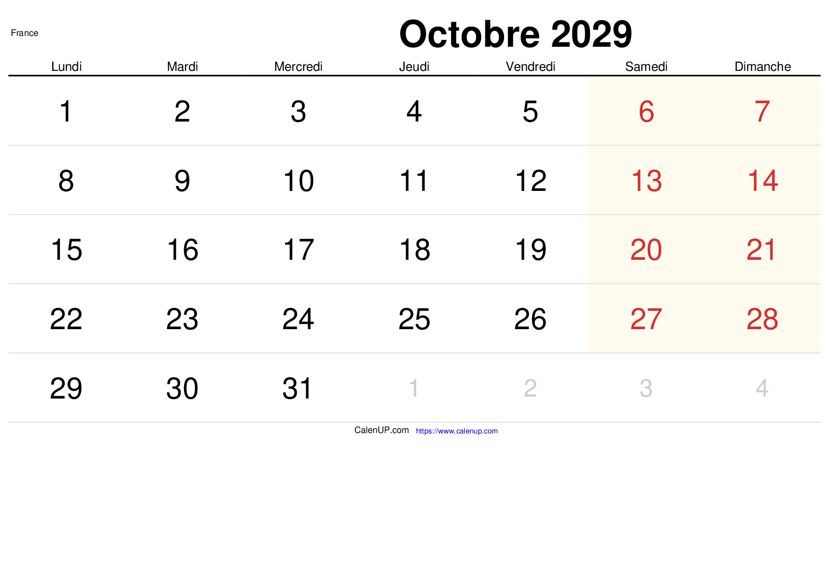 Calendrier Octobre 2029