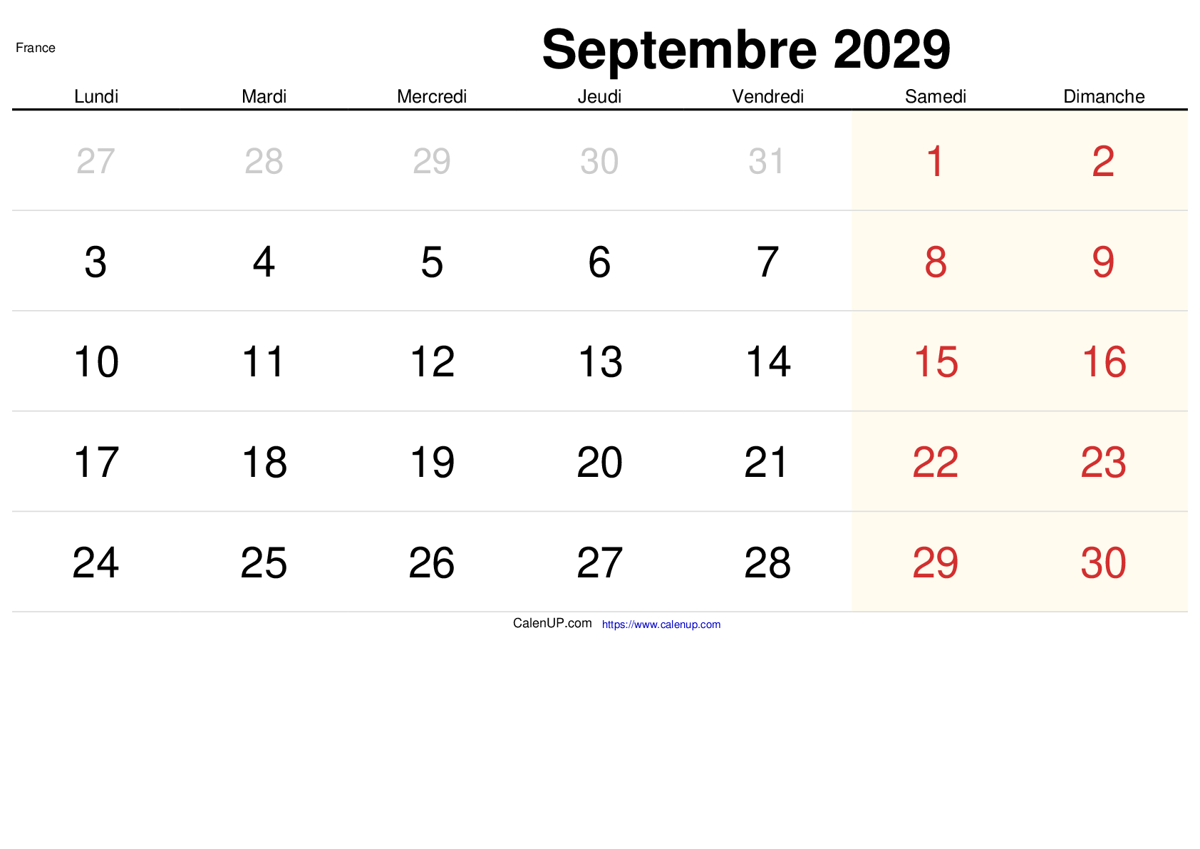 Calendrier Septembre 2029