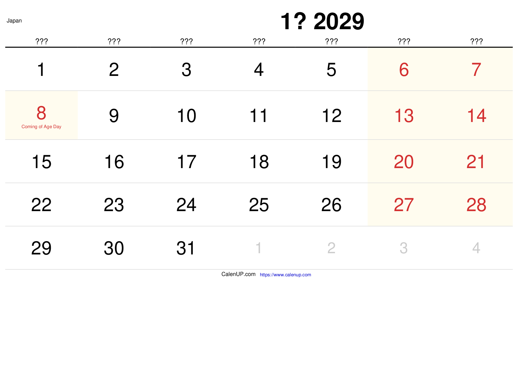 Januar 2029 Kalender