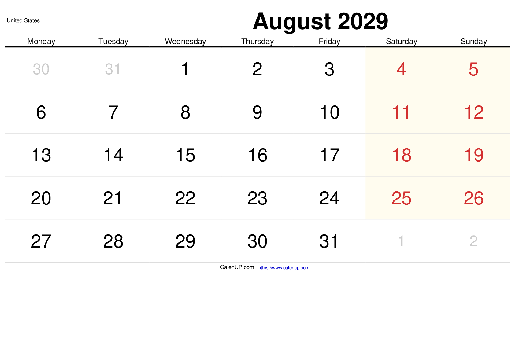 August 2029 Calendar