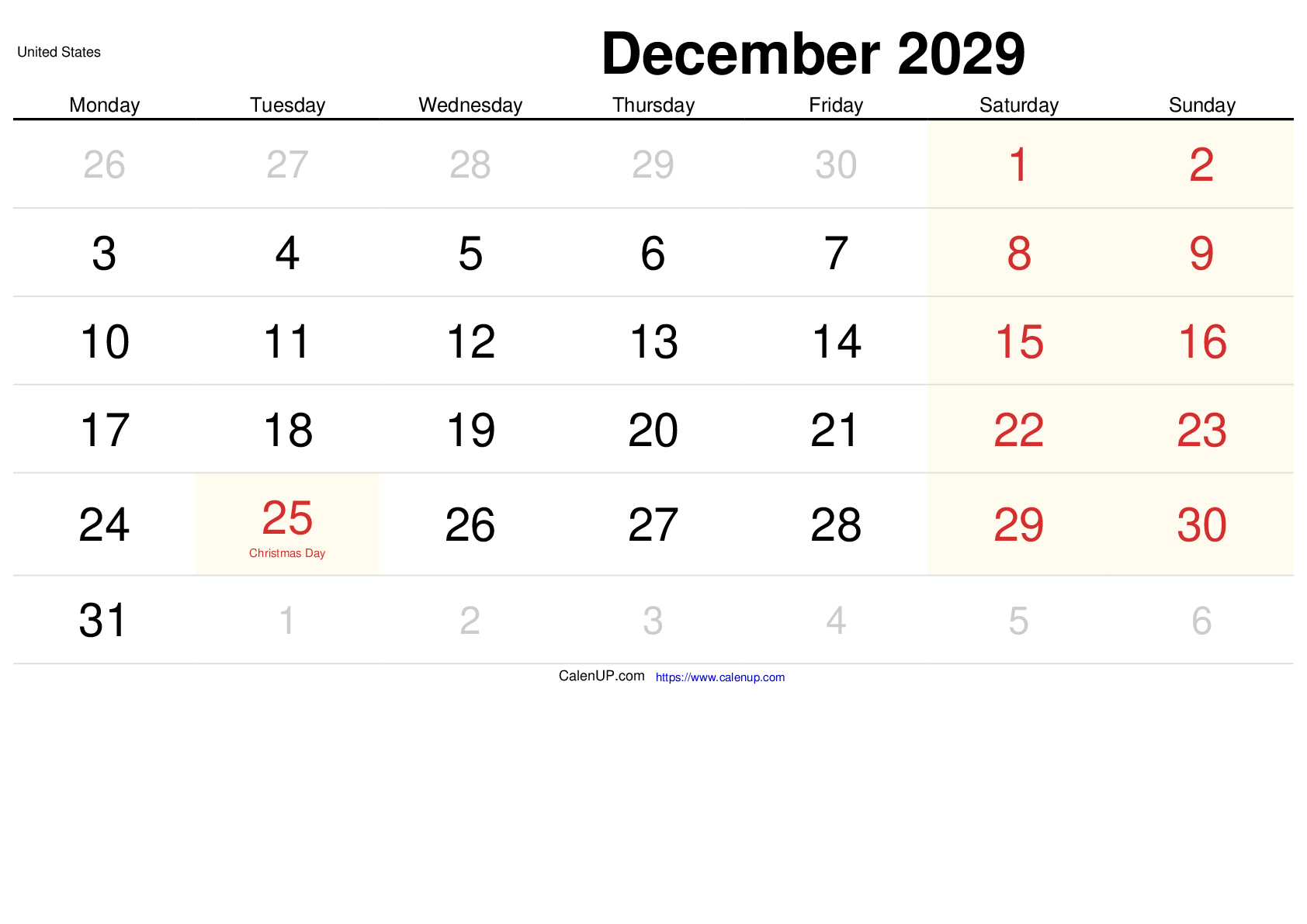 December 2029 Calendar