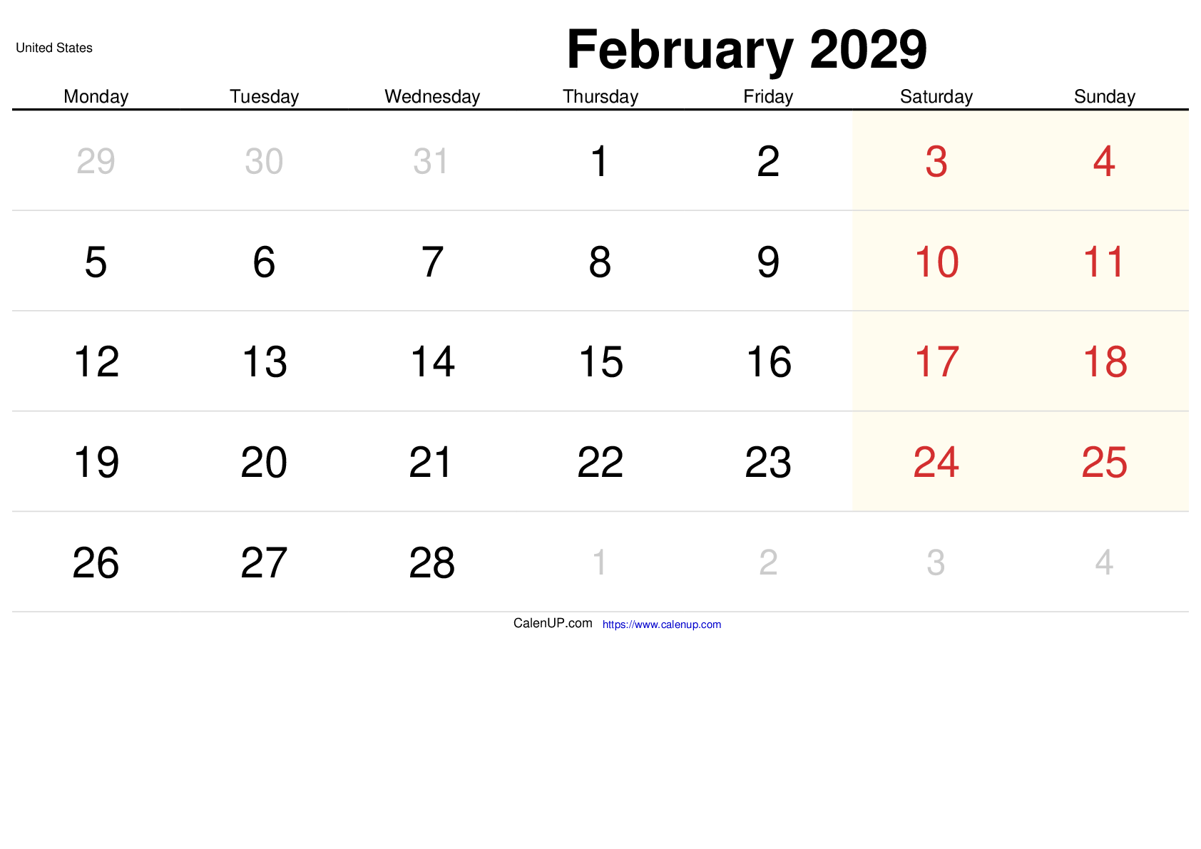 February 2029 Calendar