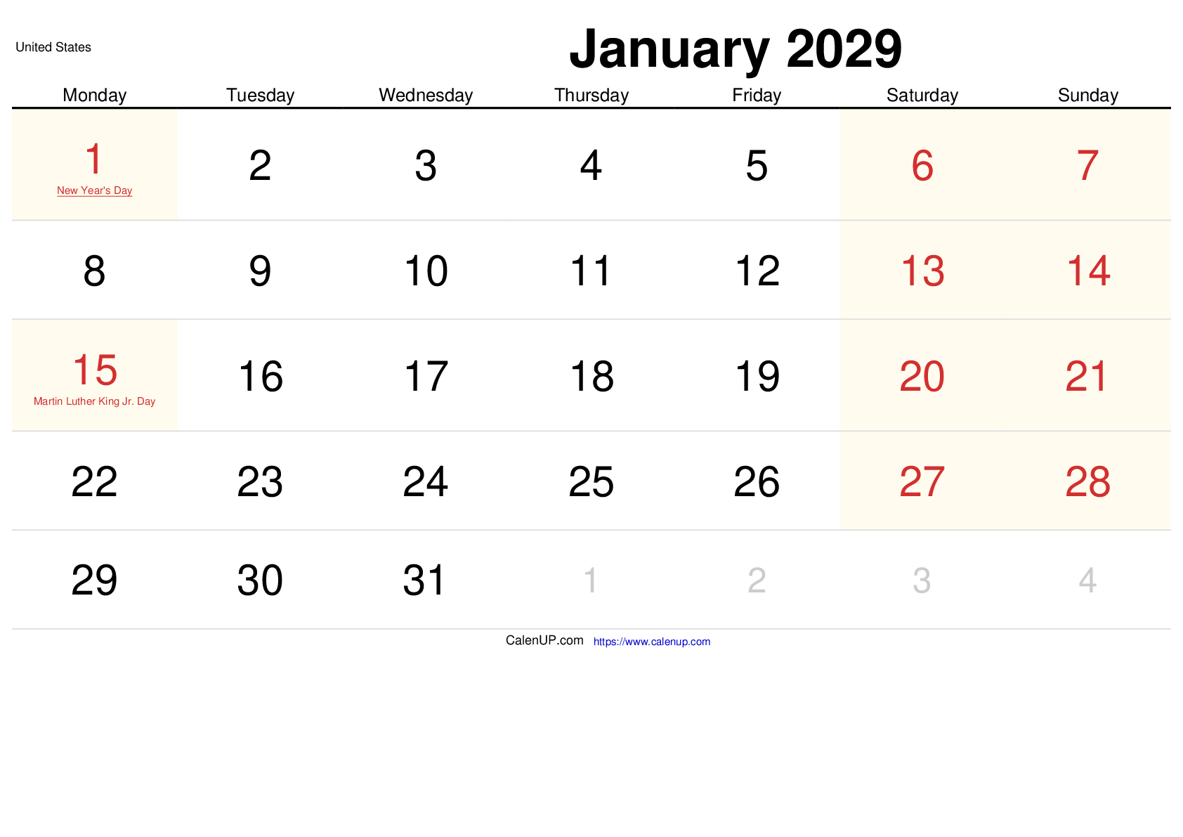 Januari 2029 Kalender