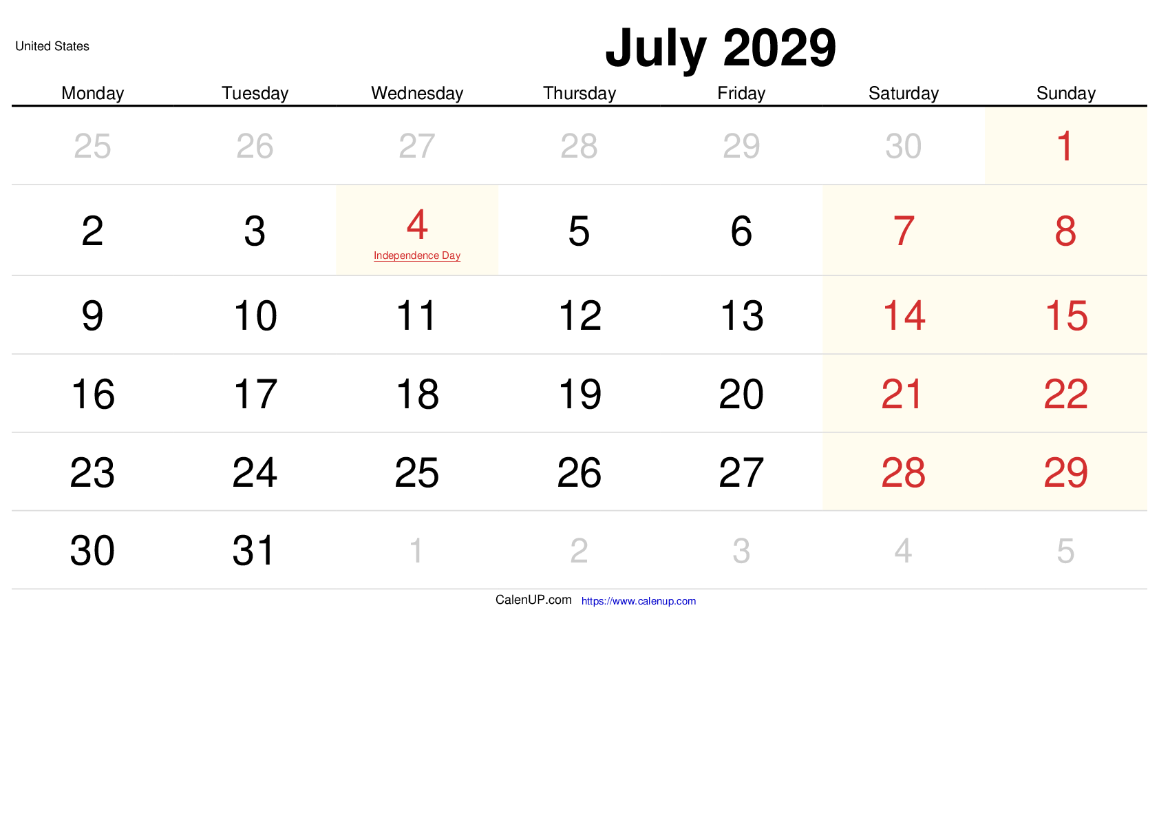 July 2029 Calendar