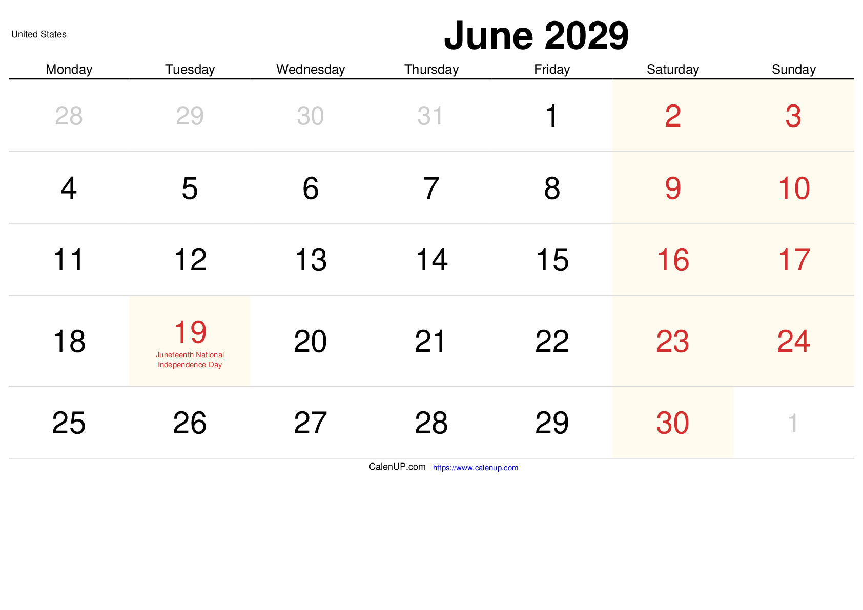 June 2029 Calendar