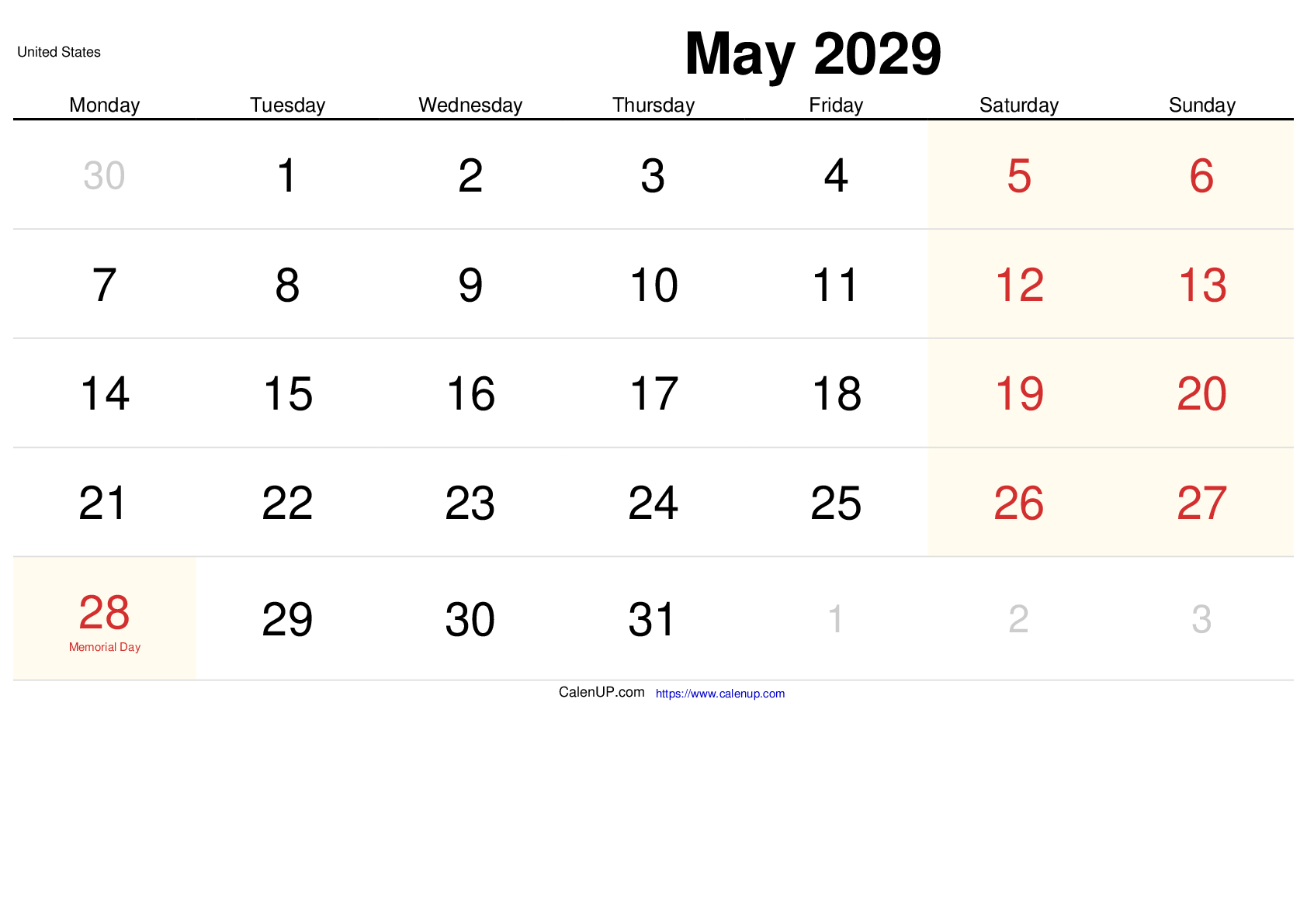 May 2029 Calendar