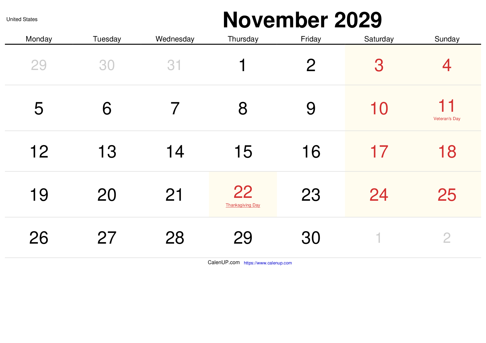 November 2029 Calendar