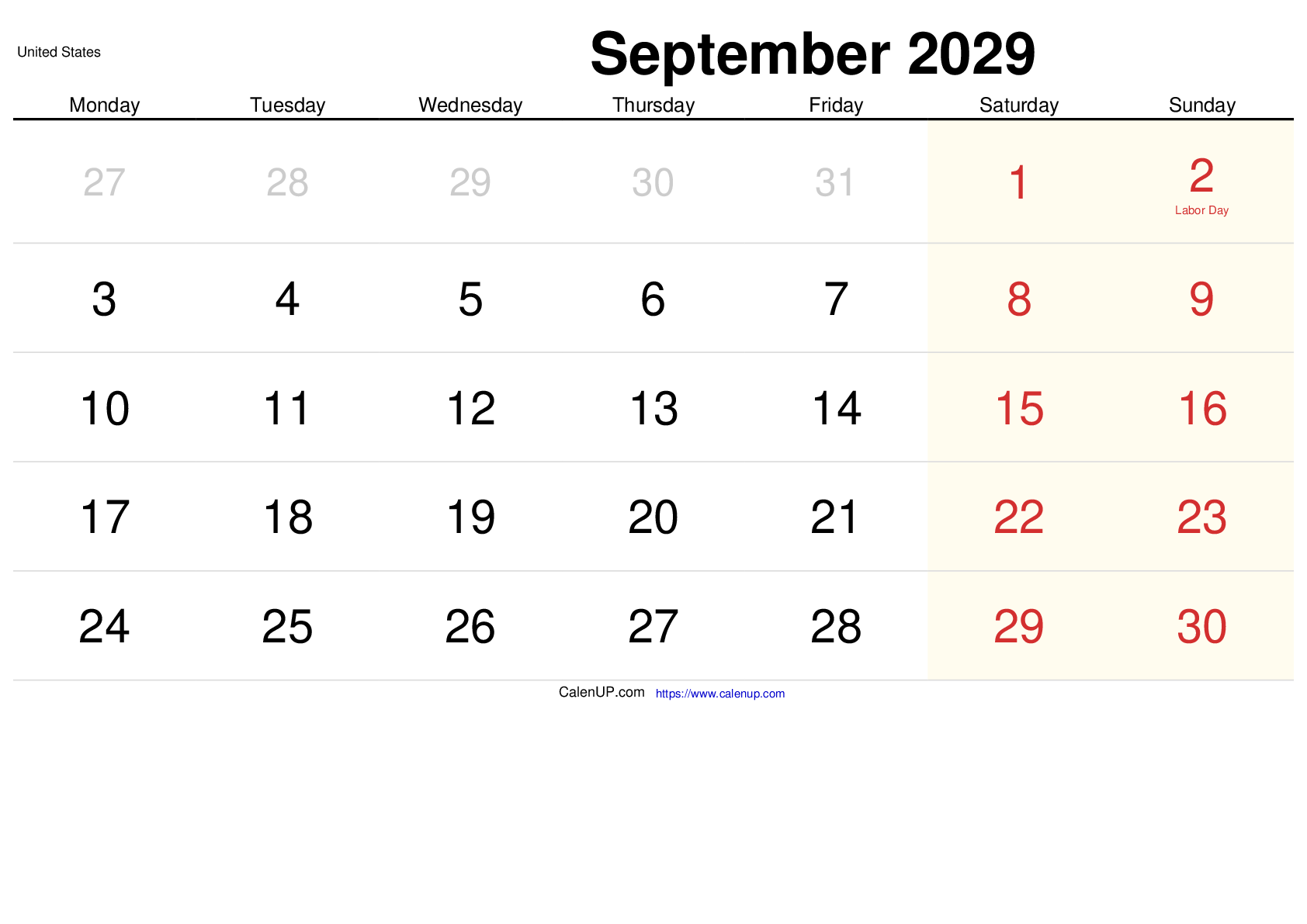 September 2029 Calendar