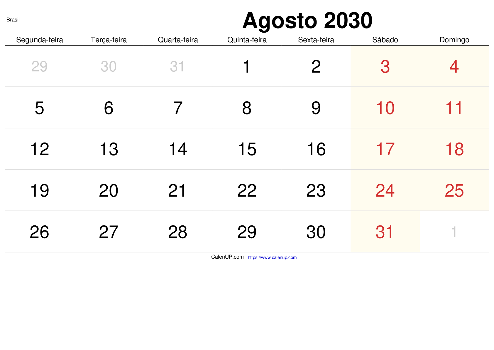 August 2030 Calendar