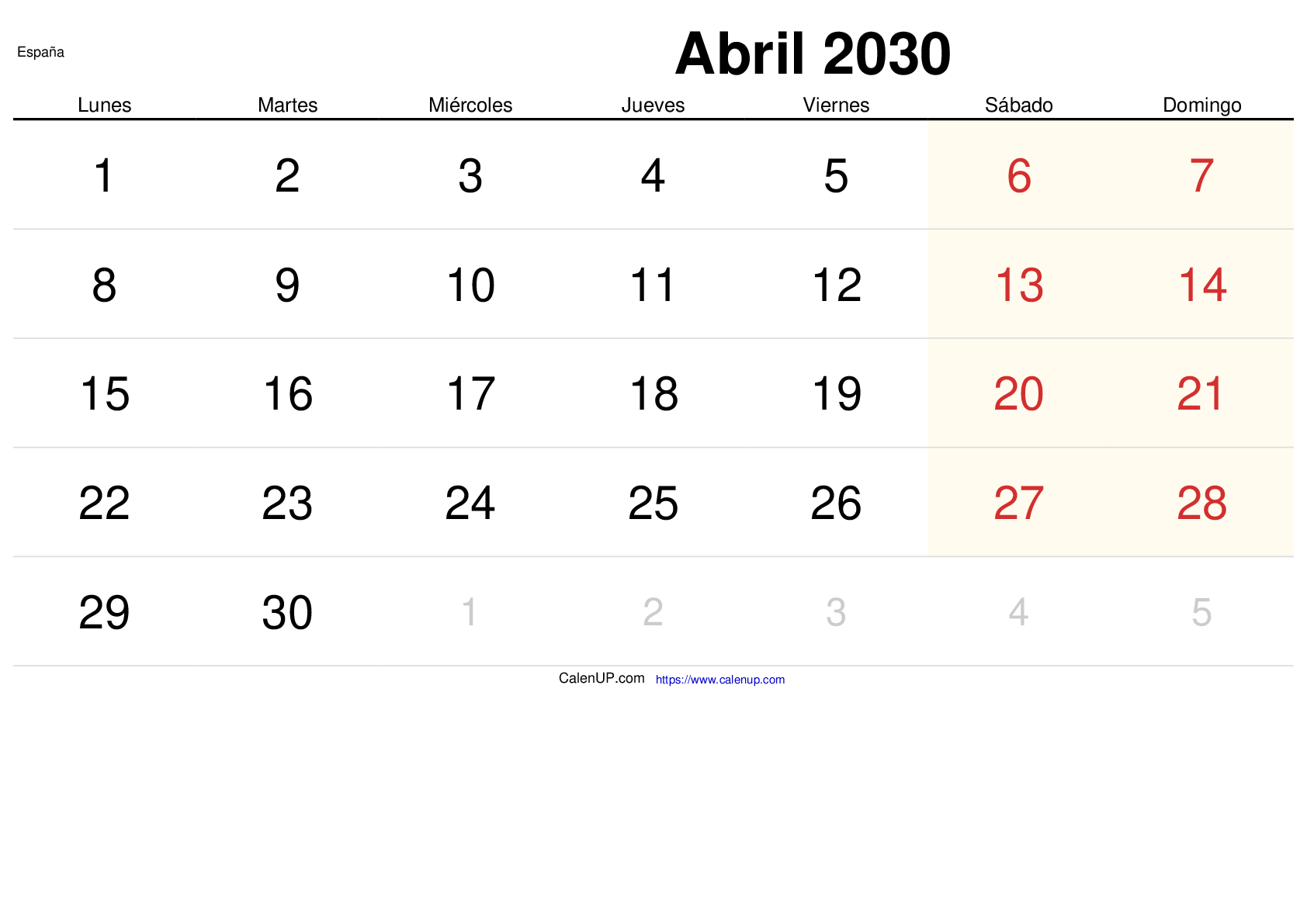 Calendrier Avril 2030