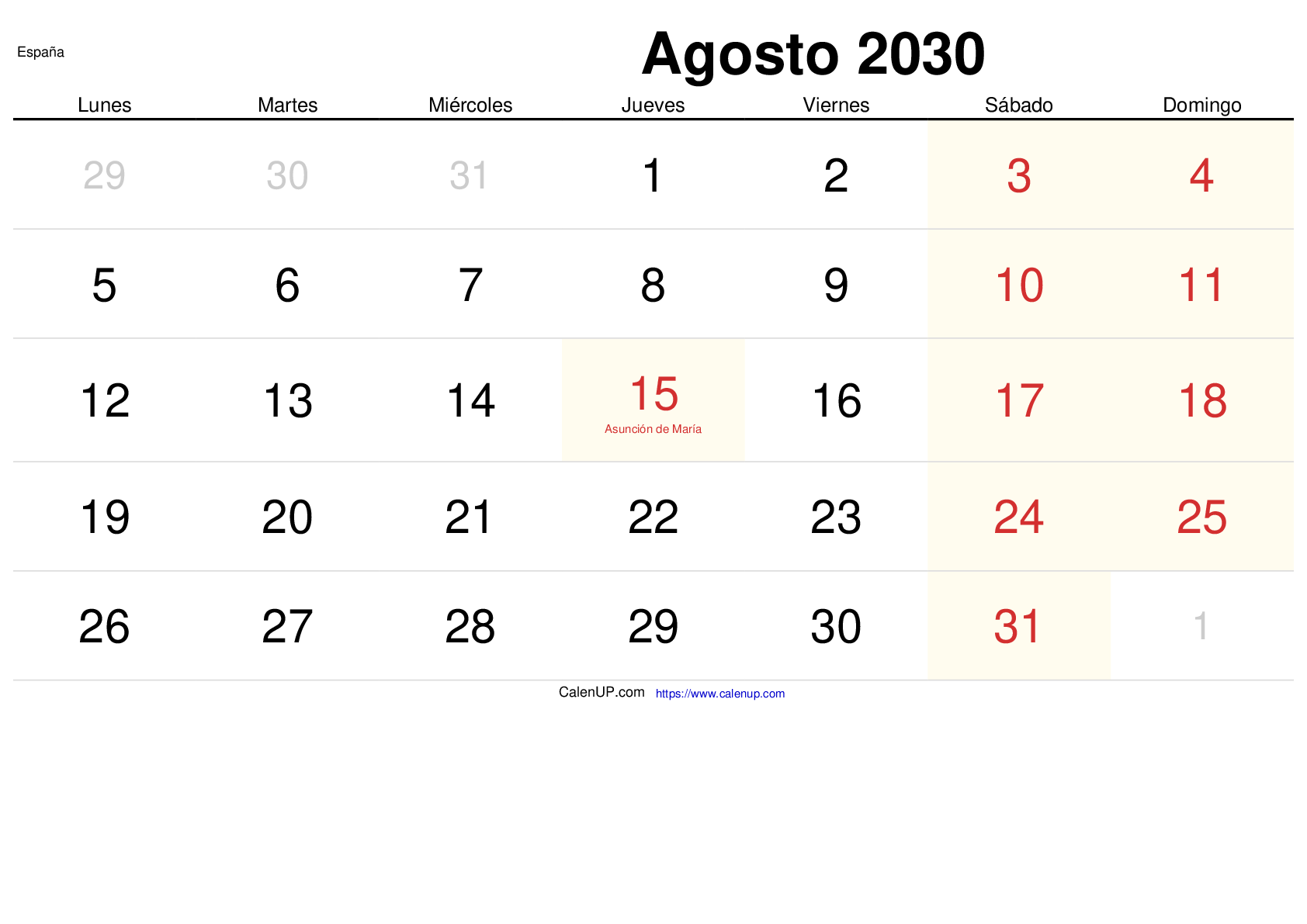 Calendrier Août 2030