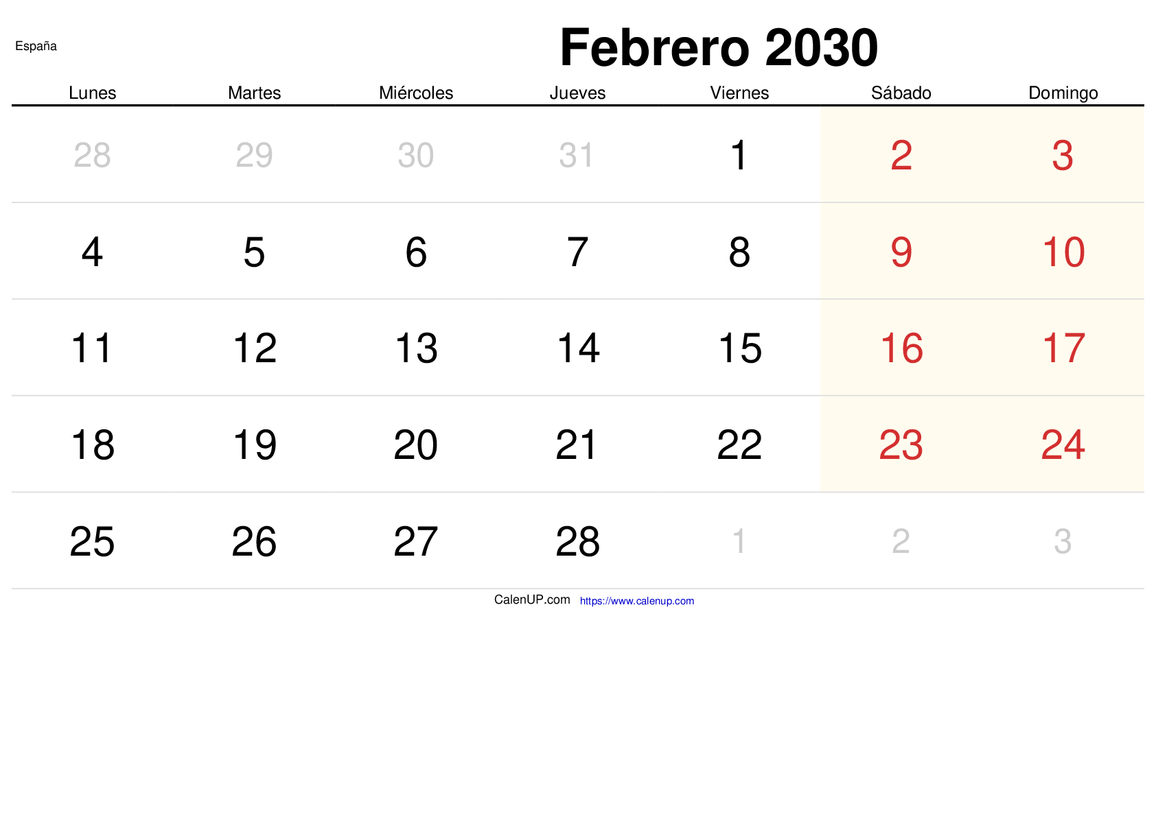 Calendrier Février 2030