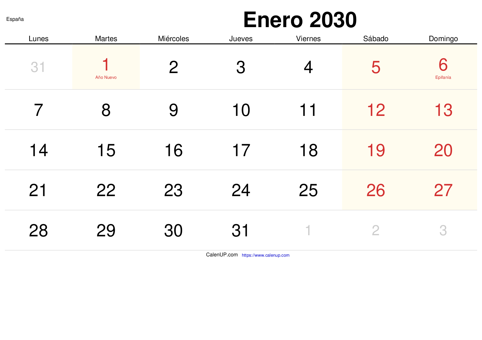 Calendrier Janvier 2030