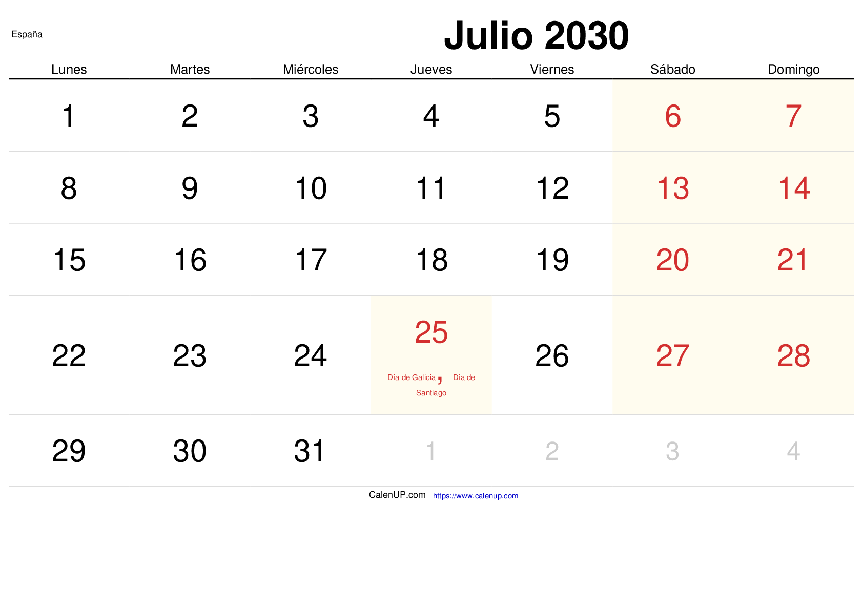 Calendrier Juillet 2030