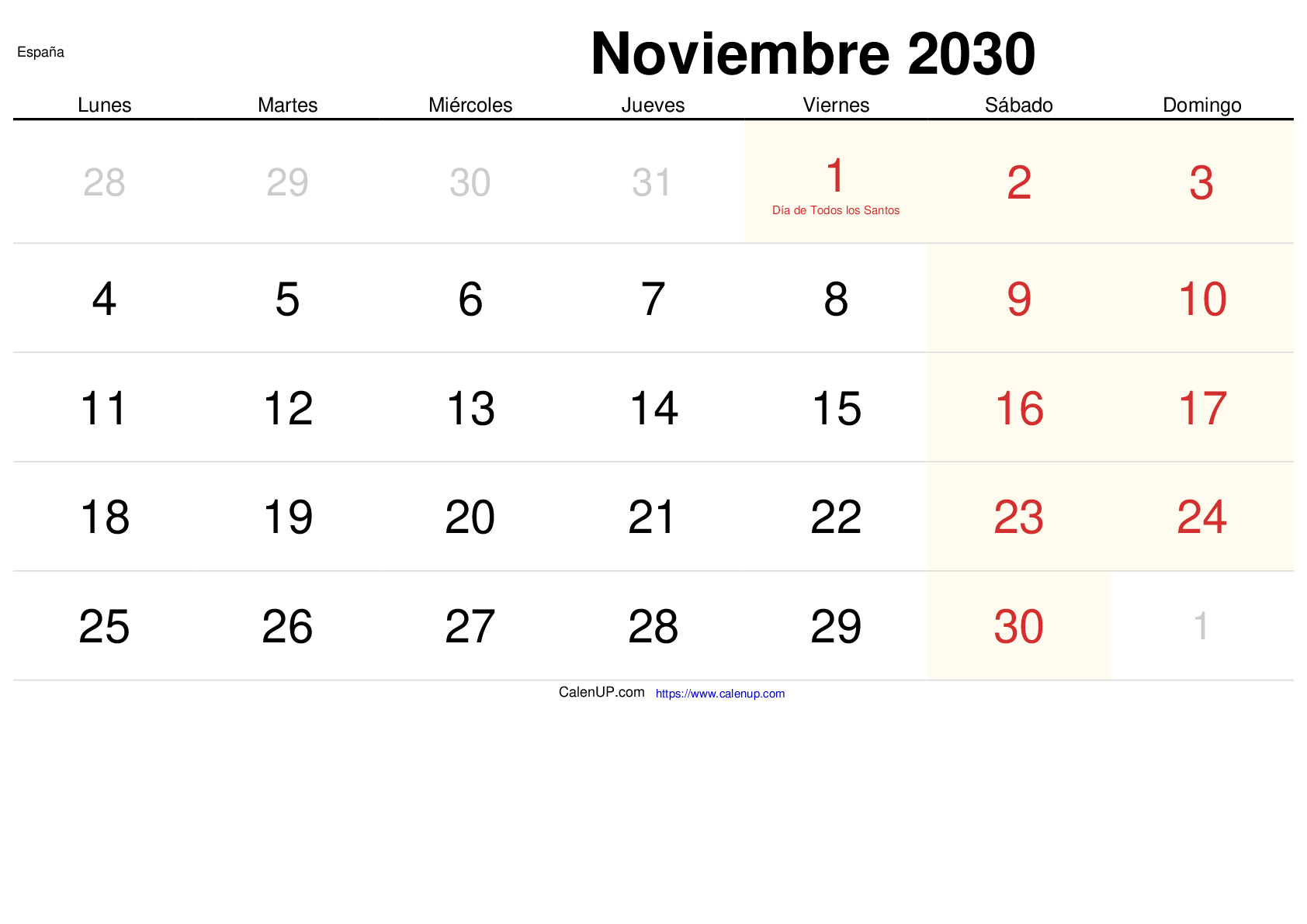 Calendrier Novembre 2030