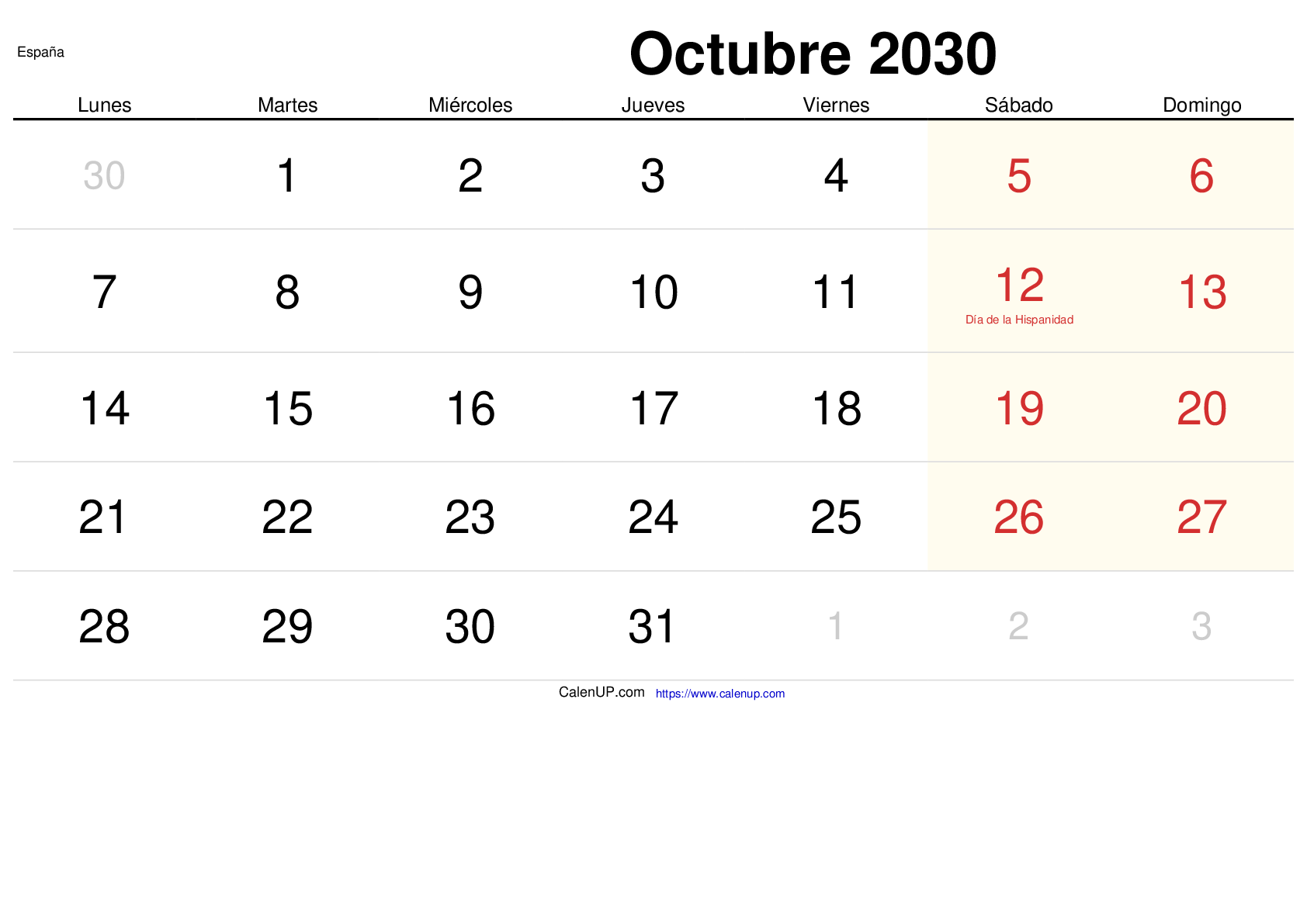 Calendrier Octobre 2030