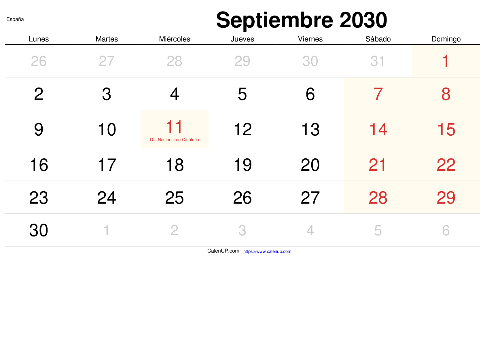 Calendrier Septembre 2030