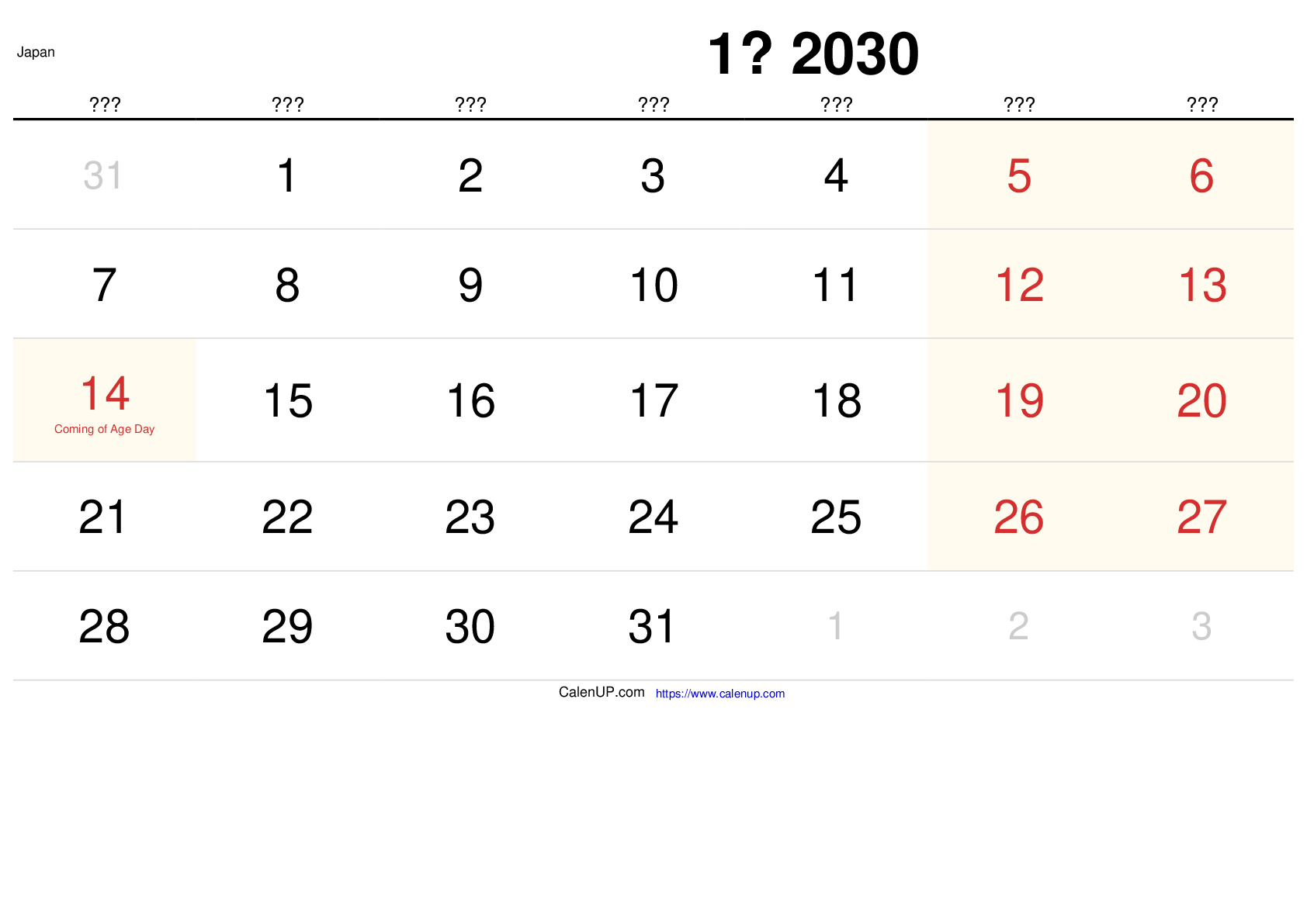 Januar 2030 Kalender