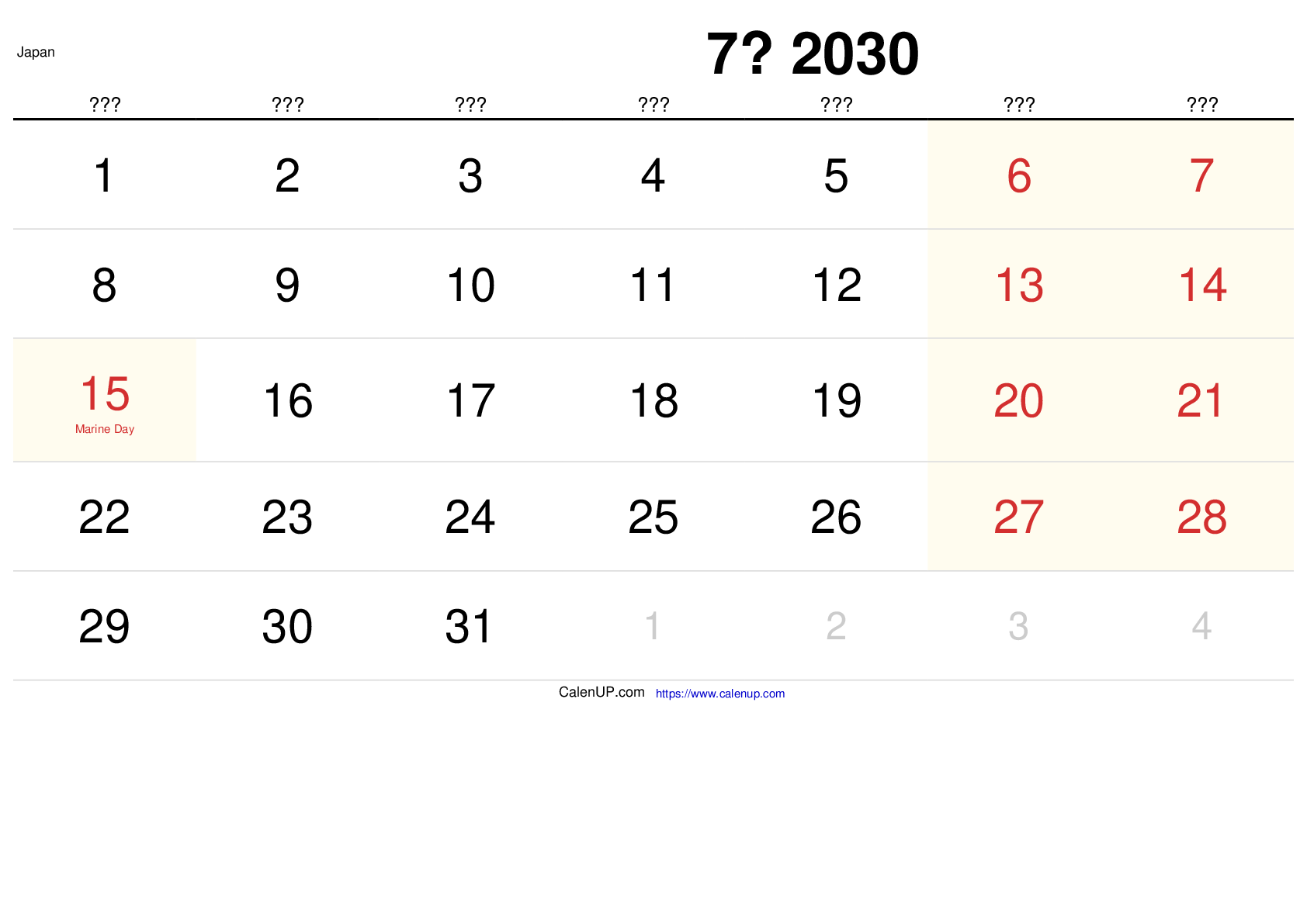 Juli 2030 Kalender