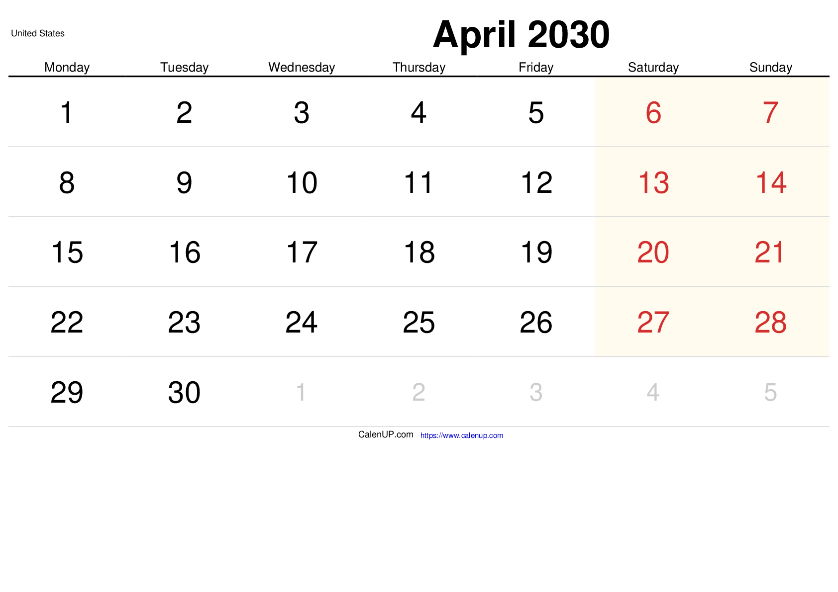 Calendário de Abril de 2030 