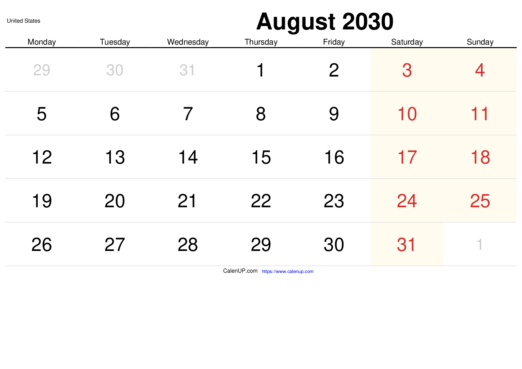 Calendário de Agosto de 2030 