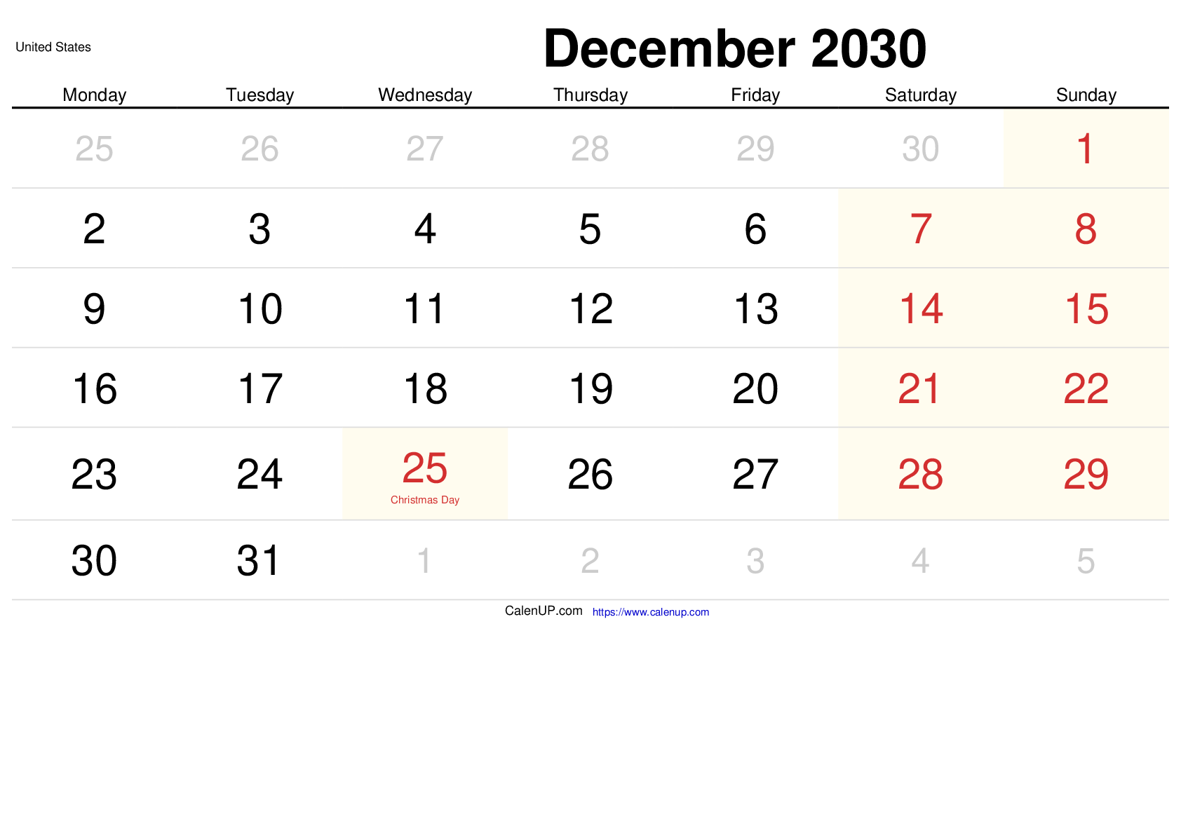 Calendário de Dezembro de 2030 