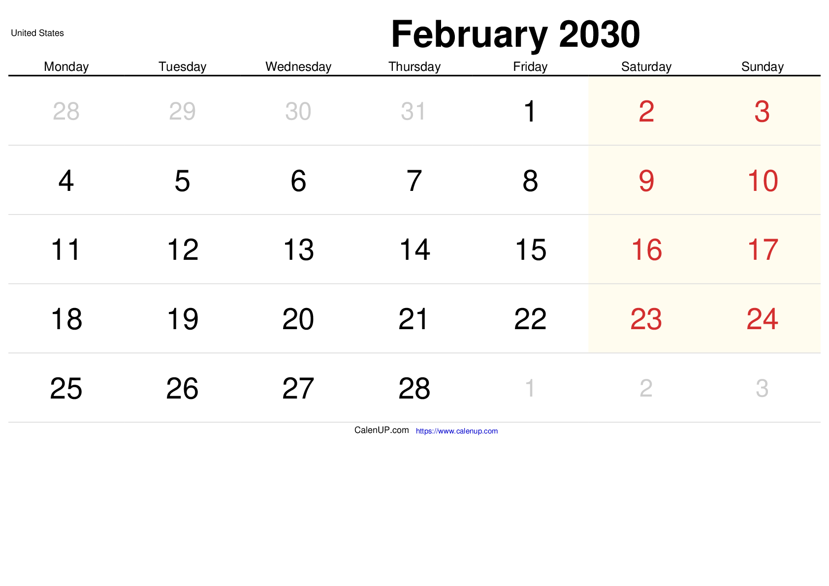 Calendário de Fevereiro de 2030 