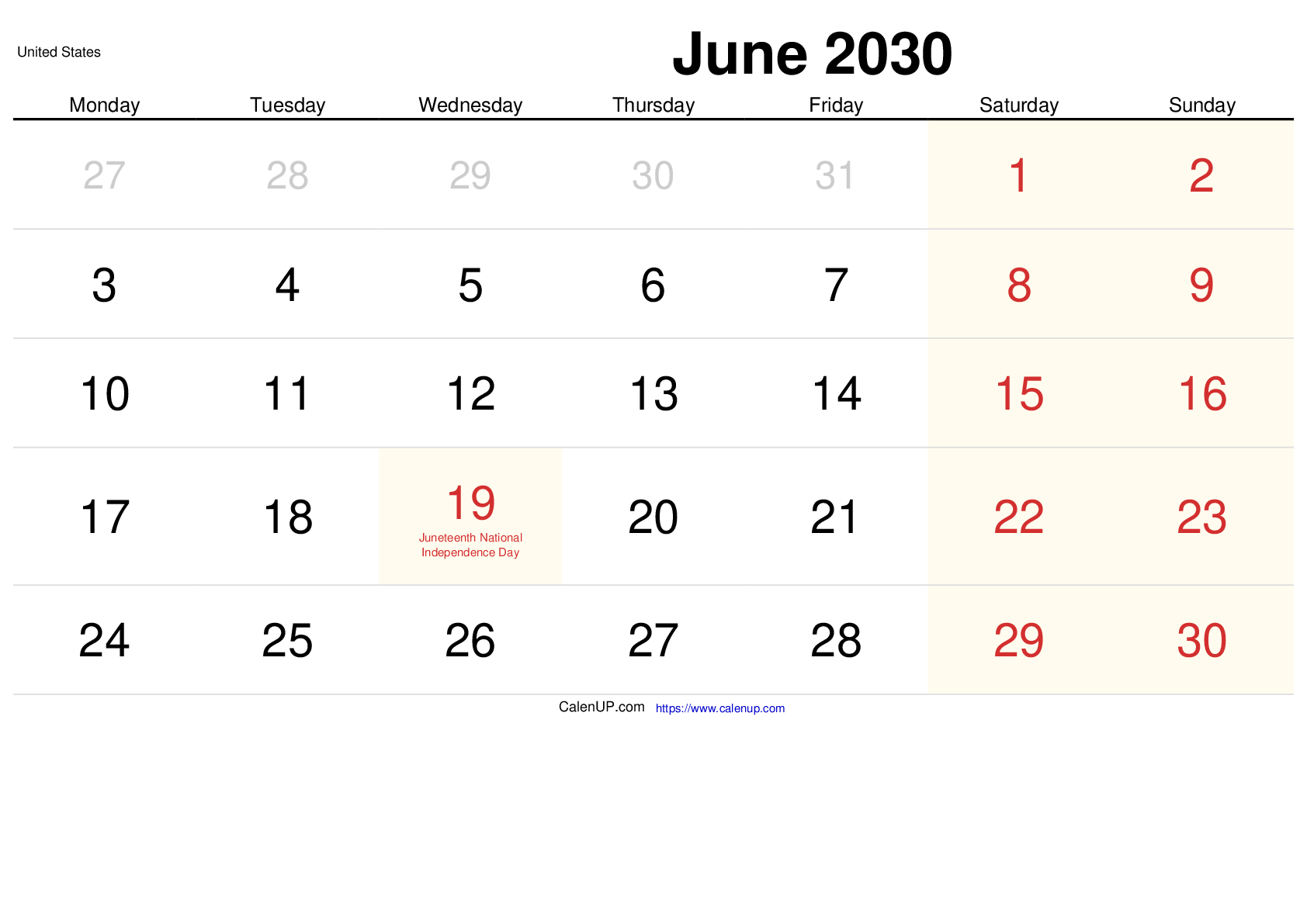 Calendário de Junho de 2030 