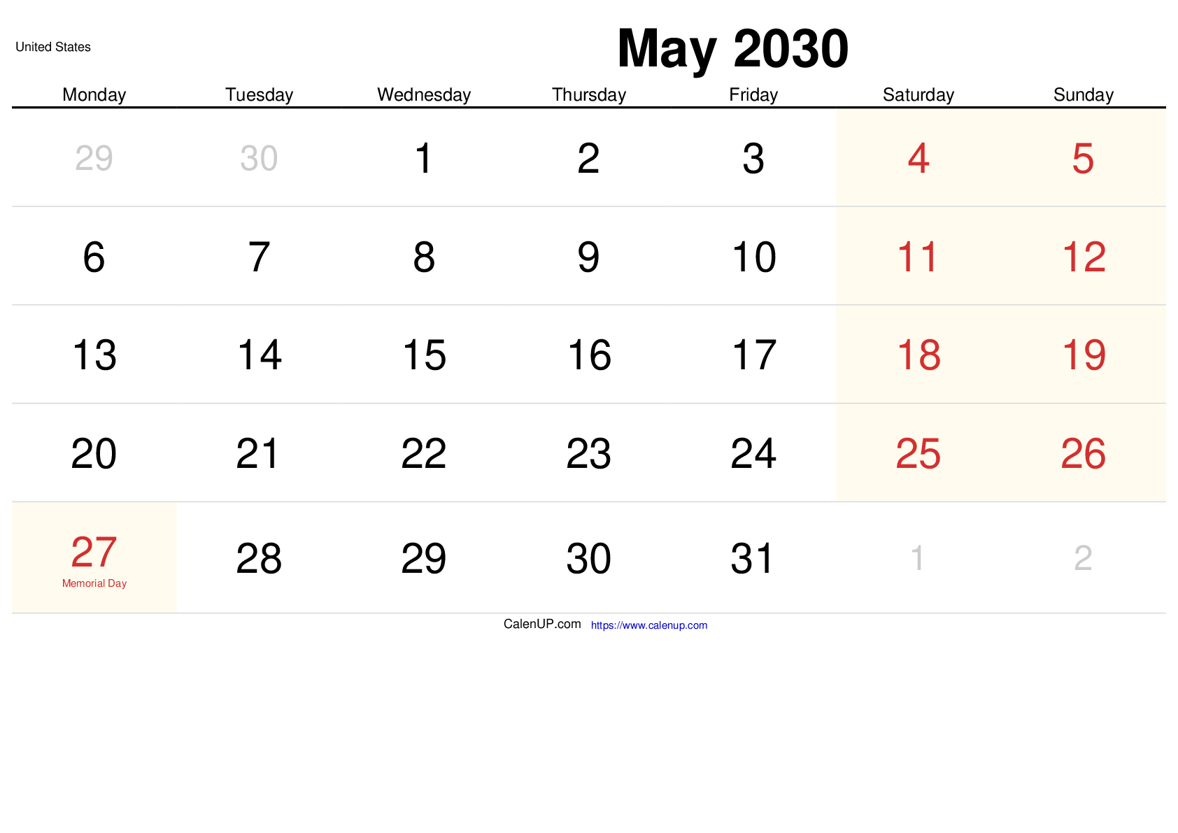 Calendário de Maio de 2030 