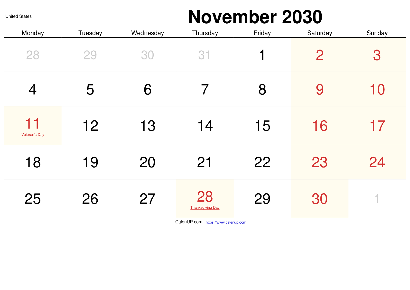 Calendário de Novembro de 2030 