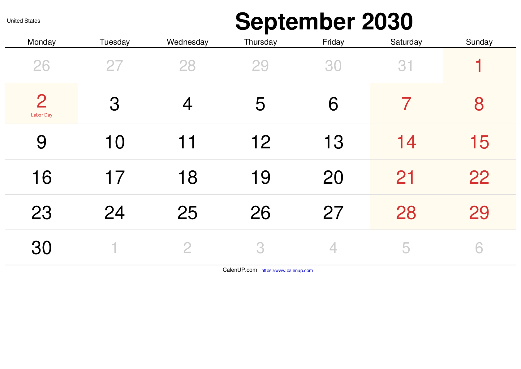 Calendário de Setembro de 2030 